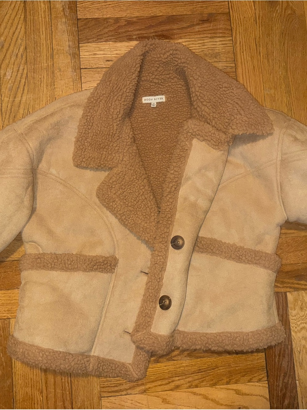 Moon River Tan Faux Shearling-Trim Teddy Jacket
